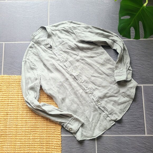 Massimo Dutti Men's Green Linen Moroccan Collar Button Down Long Sleeve Shirt M - Picture 3 of 7